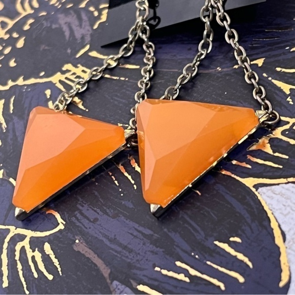Estate 2010s Large Gold Tone and Orange Triangle Acrylic Dangle Earrings